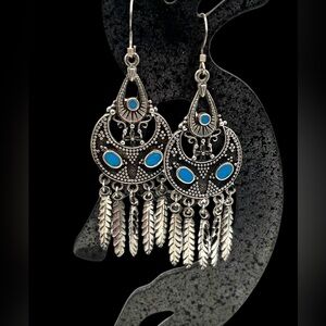 Boho Style Sterling Silver Simulated Blue Turquoise Dangle Earrings